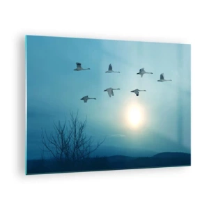 Quadro em vidro - Cisnes voando contra o cenário do pôr do sol e uma paisagem de inverno - 70x50cm - Adeus verão, até o ano que vem - Decoração de parede moderna para a sala de estar e quarto ARTTOR