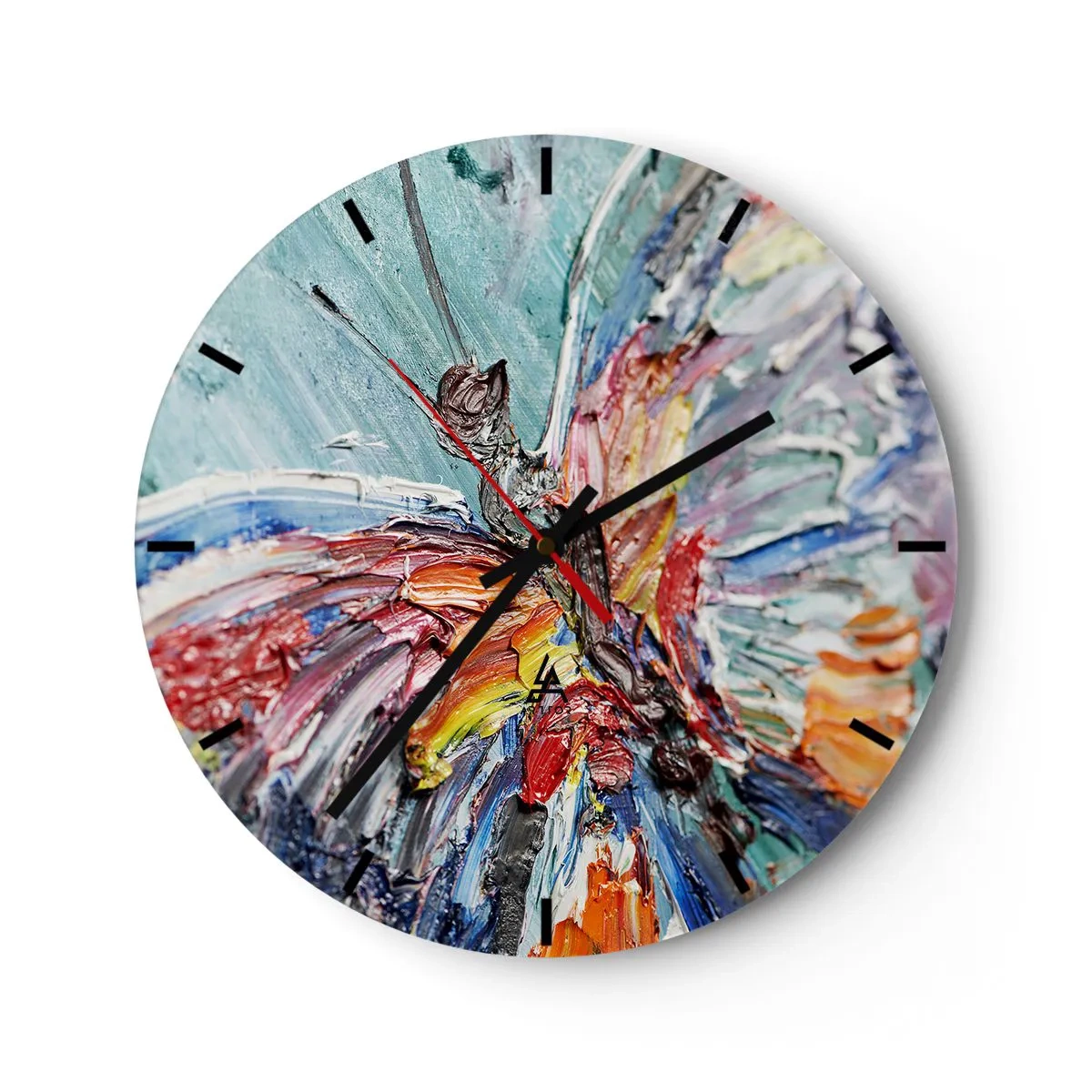 Relógio de parede - Relógio em vidro - Um mostrador de relógio com um motivo abstrato de borboleta em cores intensas. - 30x30cm - Pintado pela natureza - Decoração de parede moderna para a sala de estar, cozinha e quarto ARTTOR