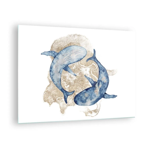 Quadro em vidro - Duas baleias azuis contra um fundo de manchas douradas abstratas - 70x50cm - Amizade ou amor? - Decoração de parede moderna para a sala de estar e quarto ARTTOR