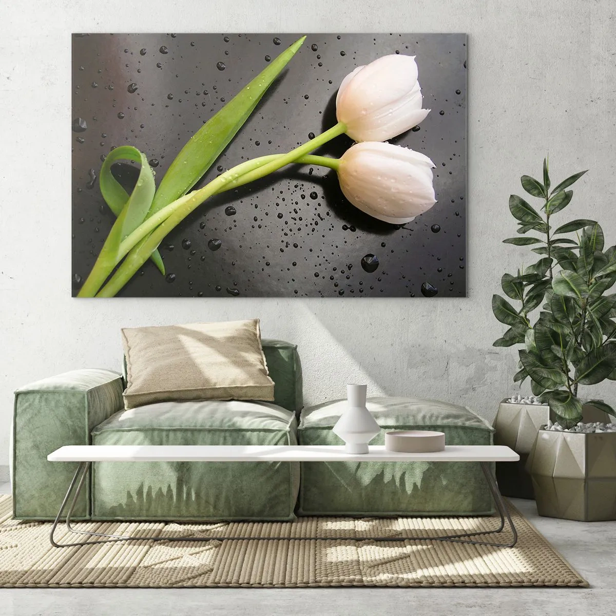 Quadro em vidro - Tulipas brancas em um fundo com gotas de água - 70x50cm - Trançado  de primavera - Decoração de parede moderna para a sala de estar e quarto ARTTOR