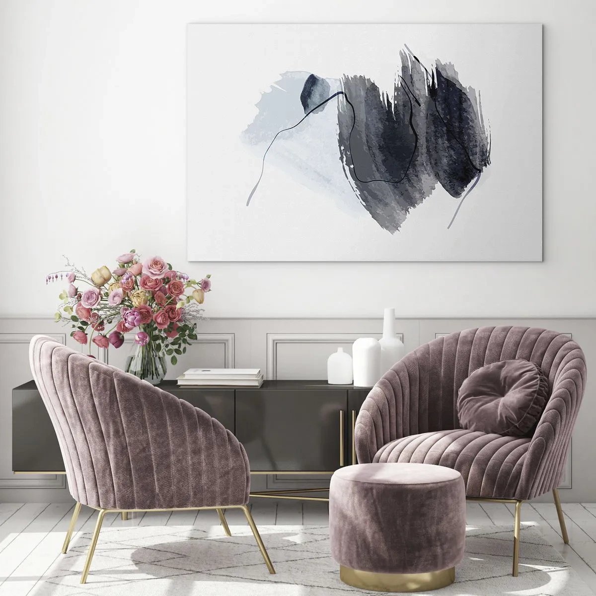 Quadro em vidro - Uma composição abstrata em tons de azul marinho e cinza - 70x50cm - Intensidade e movimento - Decoração de parede moderna para a sala de estar e quarto ARTTOR