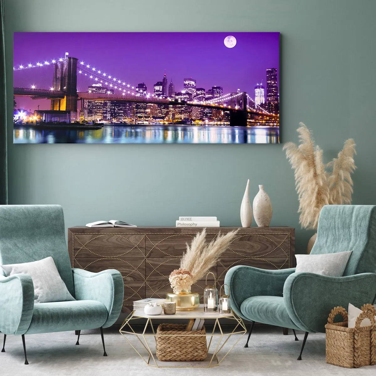 Quadro em tela - Luzes de uma grande cidade em roxo - 160x50 cm