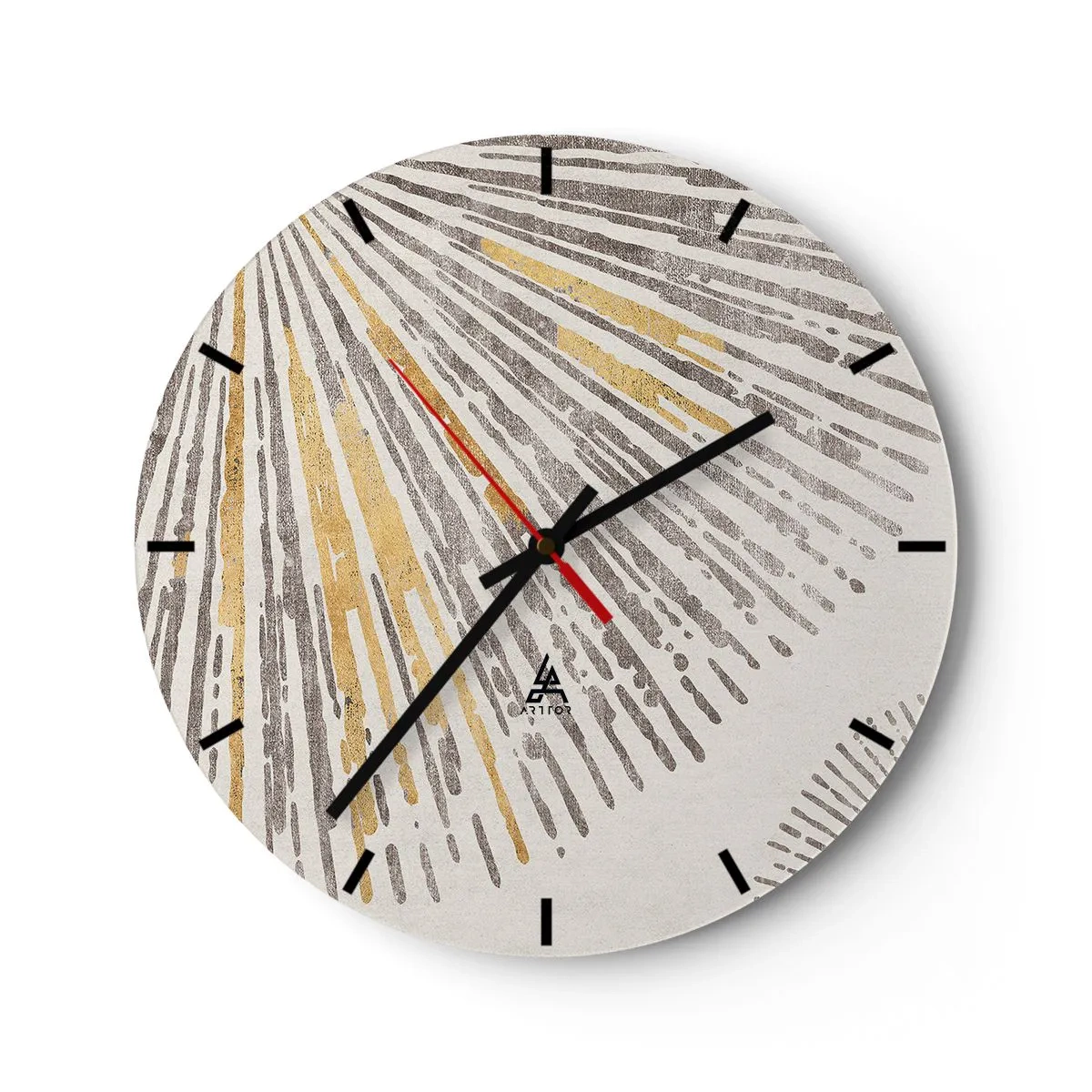 Relógio de parede - Relógio em vidro - Linhas radiantes em dourado e cinza sobre fundo claro - 30x30cm - A beleza do raio - Decoração de parede moderna para a sala de estar, cozinha e quarto ARTTOR