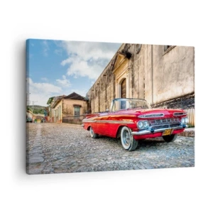 Quadro em tela - Carro clássico vermelho em uma rua de paralelepípedos - 70x50cm - Emoções cubanas - Decoração de parede moderna para a sala de estar e quarto ARTTOR