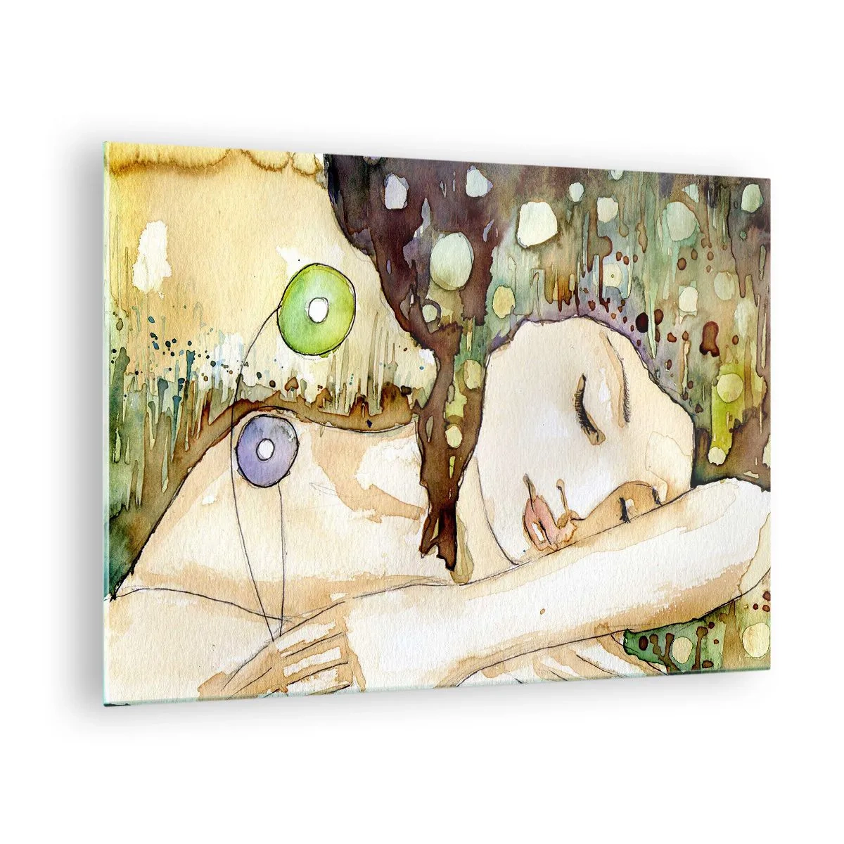 Quadro em vidro - Uma mulher dormindo em uma pintura artística em aquarela com cores quentes. - 70x50cm - Um sonho Violeta Esmeralda - Decoração de parede moderna para a sala de estar e quarto ARTTOR