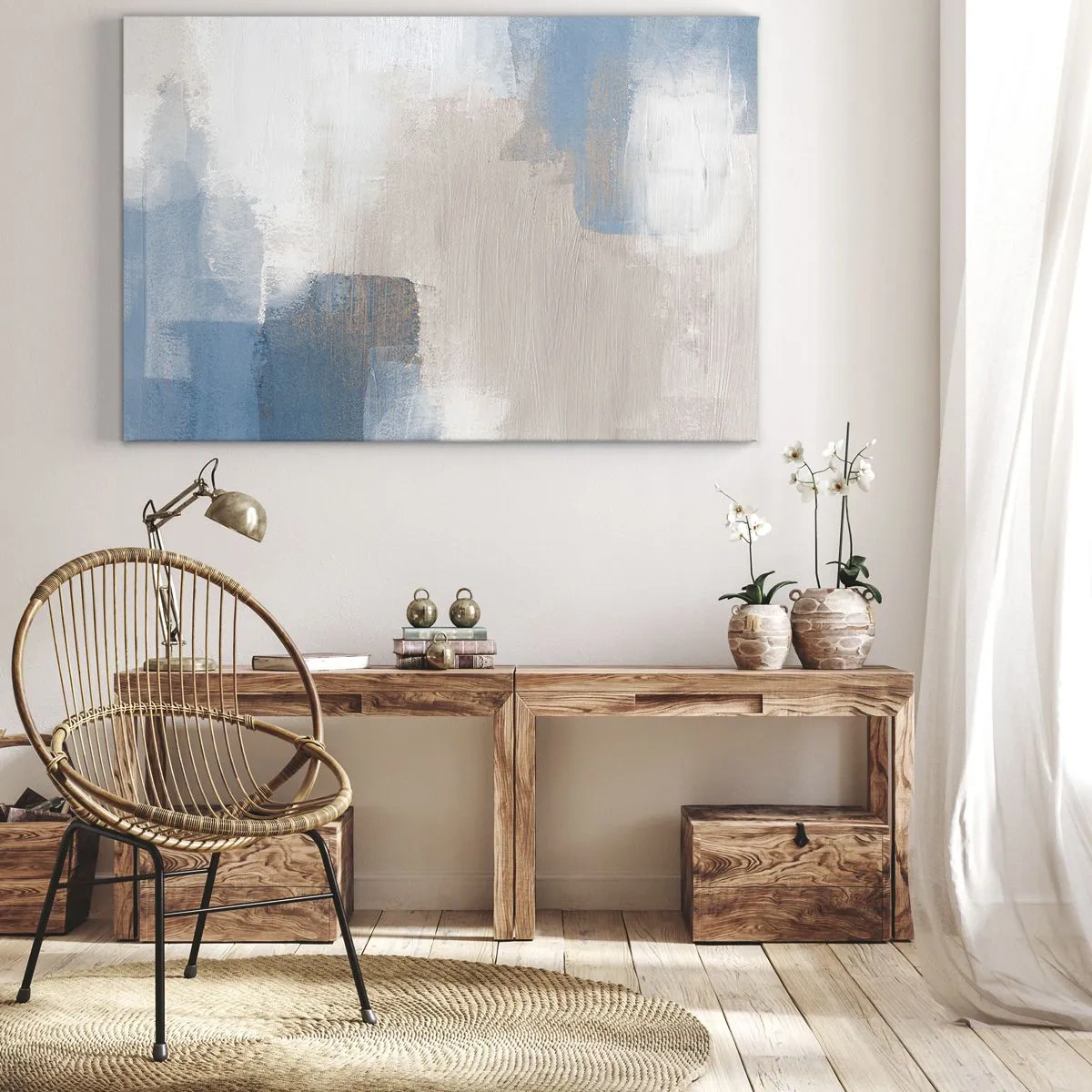 Quadro em tela - Abstração rosa atrás da cortina azul - 100x70 cm