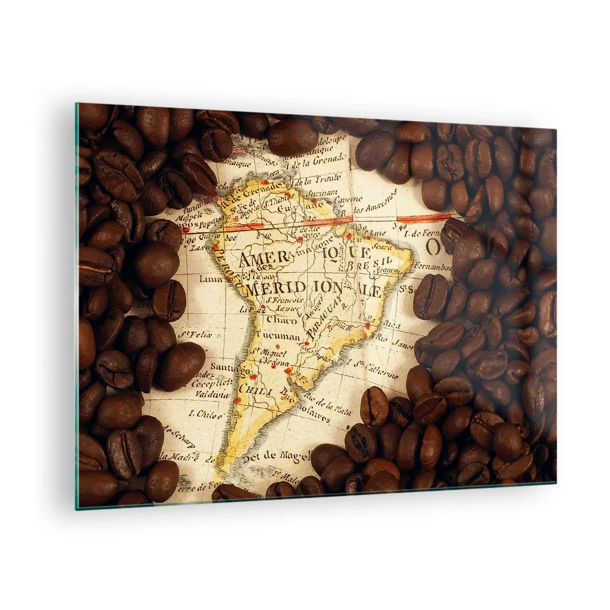 Quadro em vidro - Um mapa da América do Sul cercado por grãos de café. - 70x50cm - De onde vem o melhor café? - Decoração de parede moderna para a sala de estar e quarto ARTTOR