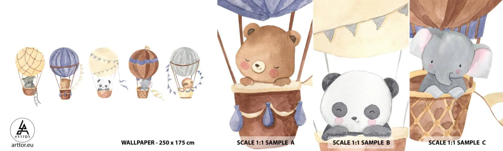 Amostra de Papel de Parede Standard Eco - Amigos em movimento - Balões, Animais, Infantil - 100x30 cm