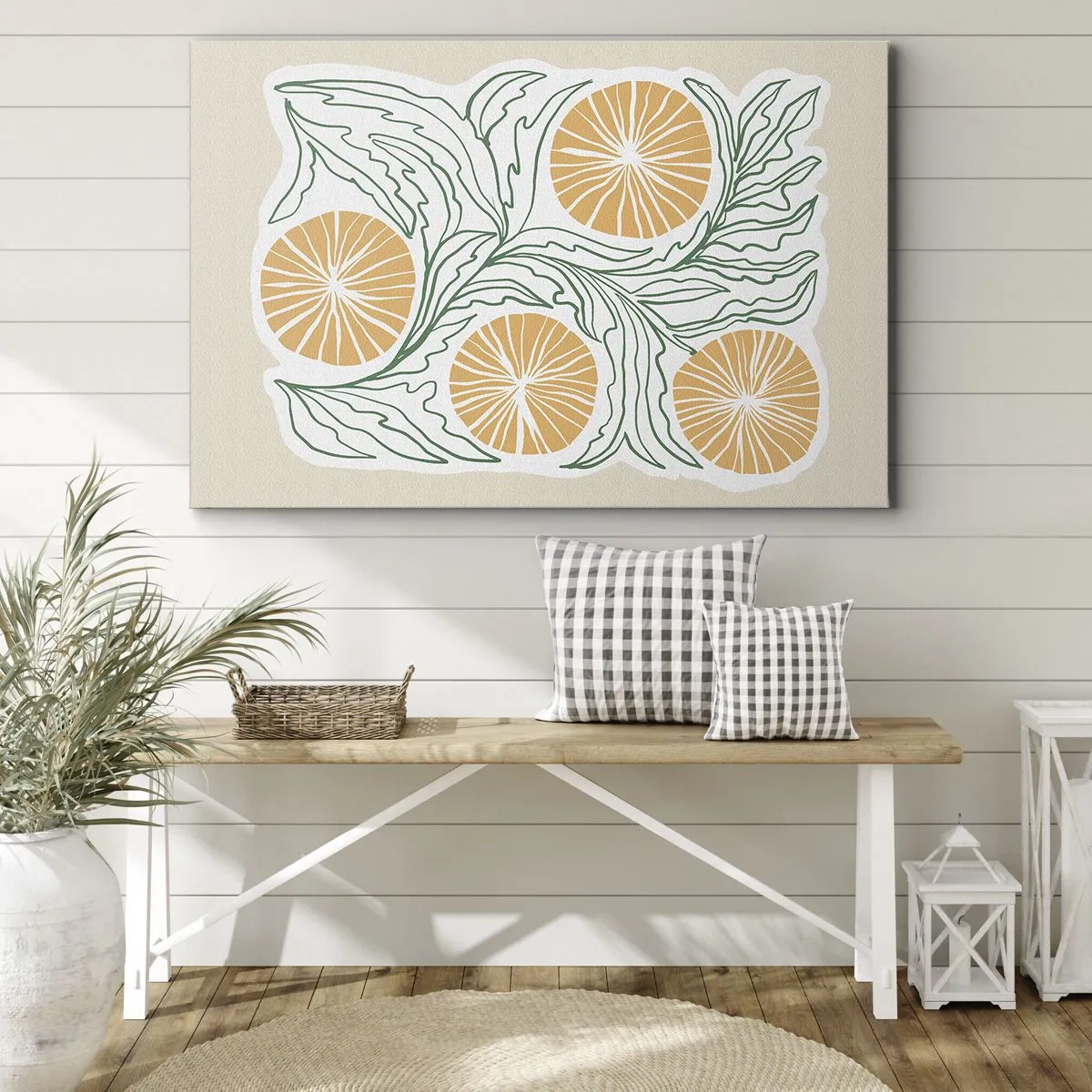 Quadro em tela - Um motivo minimalista laranja com folhas verdes - 70x50cm - Étnico com um toque de abstração - Decoração de parede moderna para a sala de estar e quarto ARTTOR