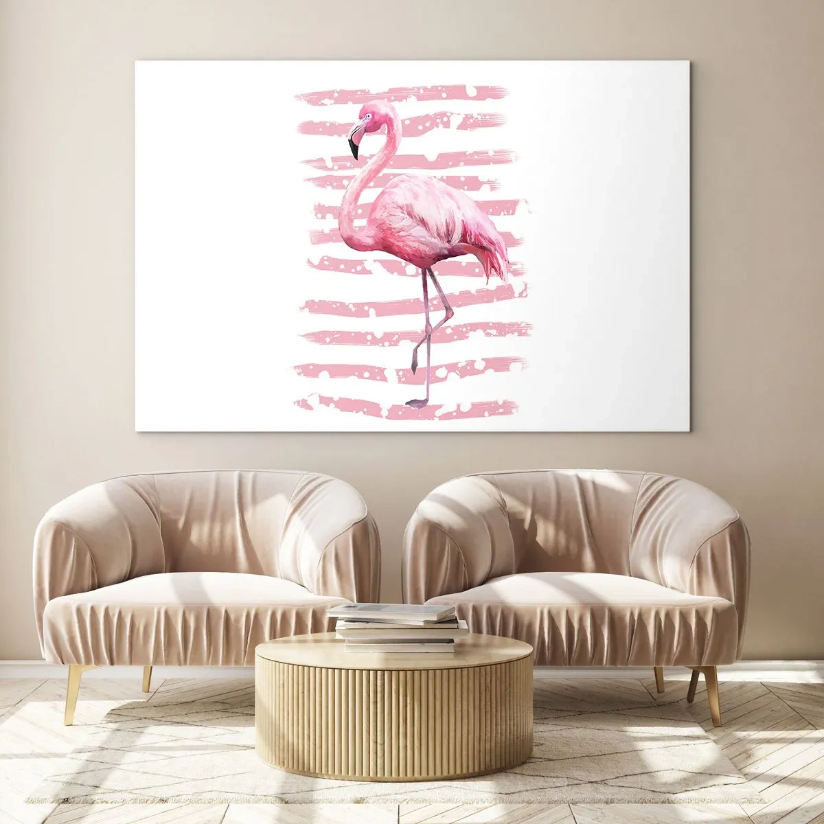 Quadro em vidro - Um flamingo rosa sobre um fundo de listras rosas artísticas. - 70x50cm - Com dignidade, embora de rosa - Decoração de parede moderna para a sala de estar e quarto ARTTOR