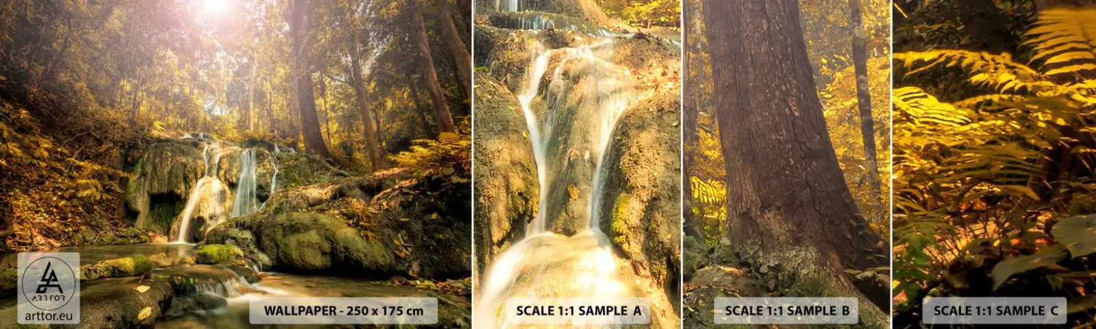 Amostra de papel de parede autocolante Deluxe Sticker - Cascata na floresta - Paisagem, Cachoeira, Floresta - 100x30 cm