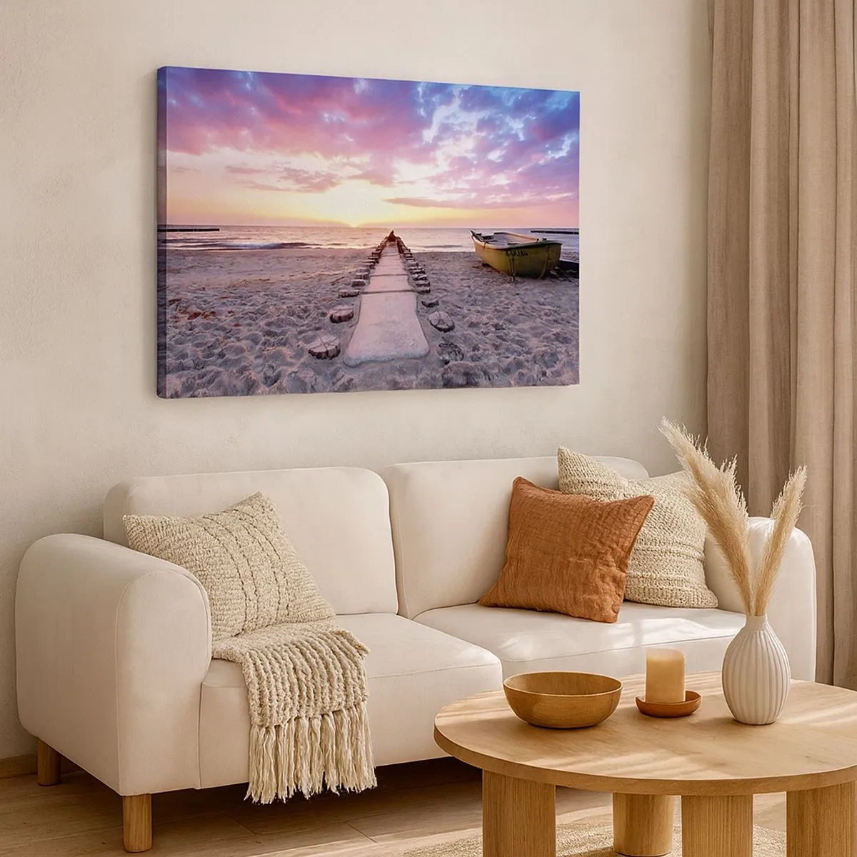 Quadro em tela - Praia do nascer do sol com barco e píer - 70x50cm - Um momento de profunda experiência - Decoração de parede moderna para a sala de estar e quarto ARTTOR