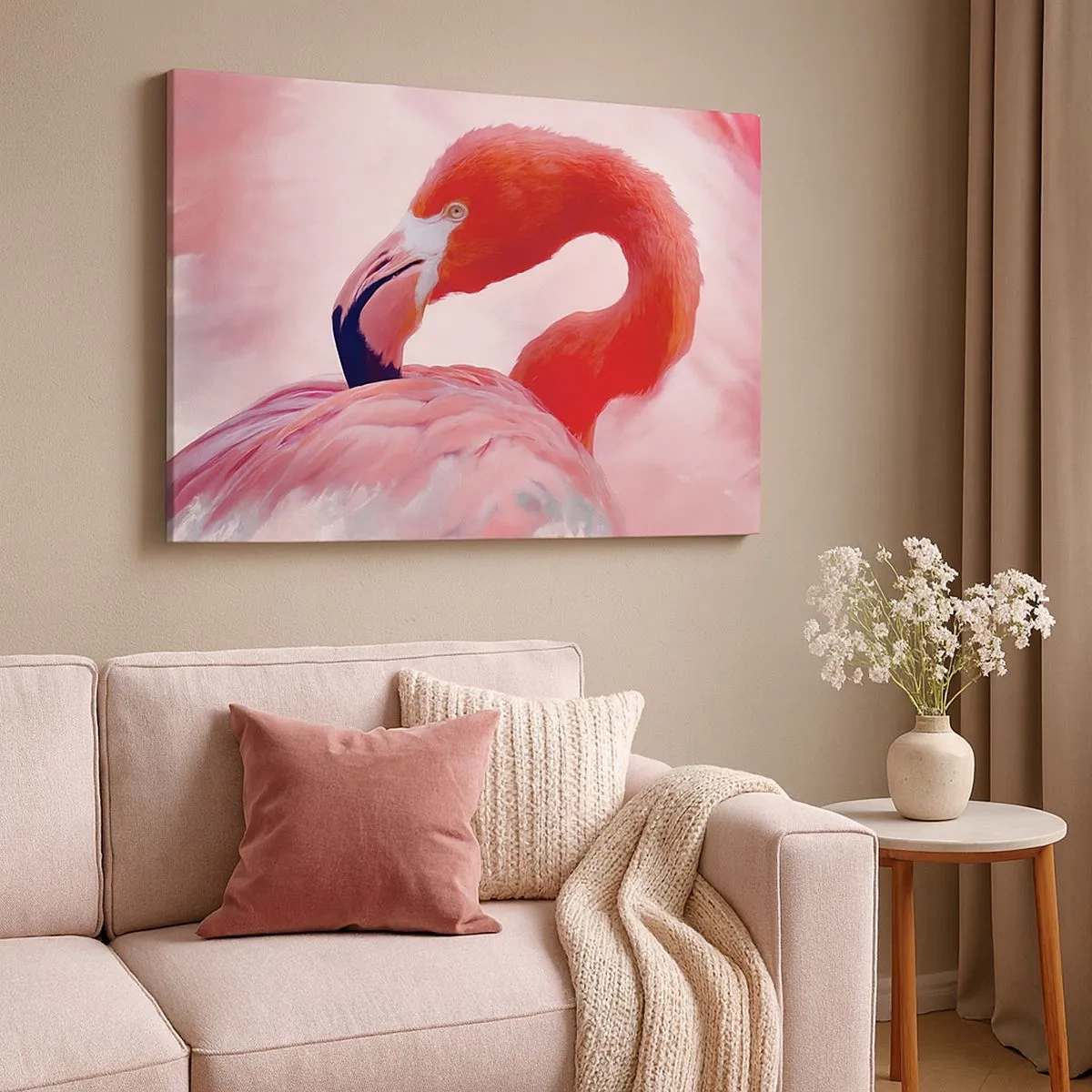 Quadro em tela - Um flamingo em tons de rosa sobre um fundo claro - 70x50cm - Beleza das aves - Decoração de parede moderna para a sala de estar e quarto ARTTOR