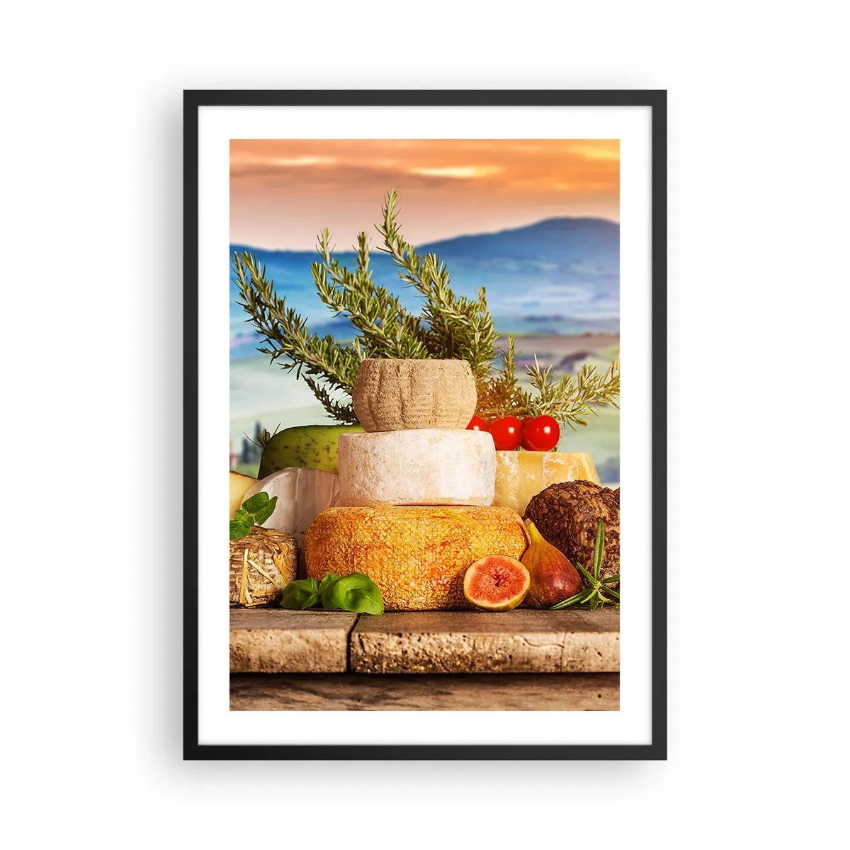 Pôster com moldura preta - Pilha rústica de queijos em um cenário paisagístico - 50x70cm - Alegria italiana - Decoração de parede moderna para a sala de estar e quarto ARTTOR
