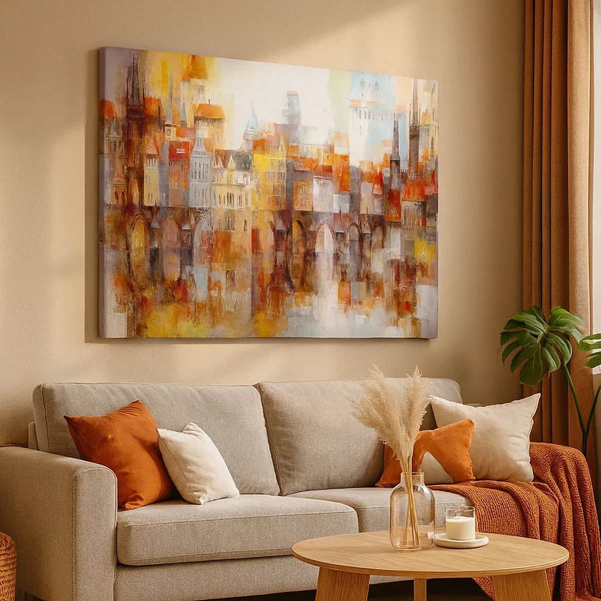 Quadro em tela - Um panorama pitoresco da cidade com uma ponte em cores de outono - 70x50cm - Debaixo da ponte também é bonito - Decoração de parede moderna para a sala de estar e quarto ARTTOR
