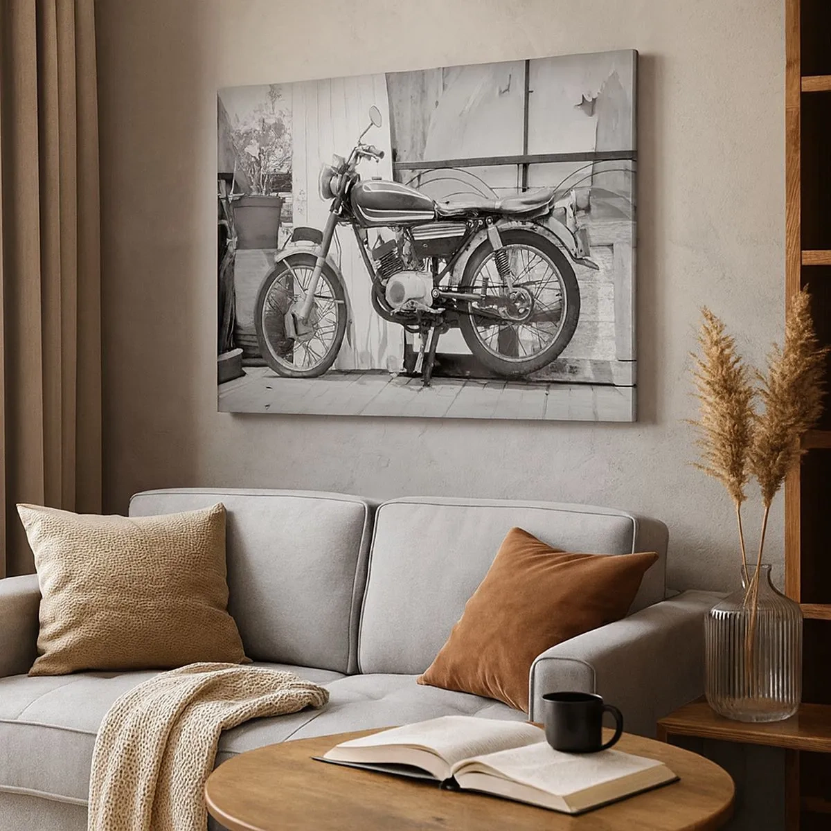Quadro em tela - Foto em preto e branco de uma motocicleta clássica - 70x50cm - O clássico acima de tudo - Decoração de parede moderna para a sala de estar e quarto ARTTOR