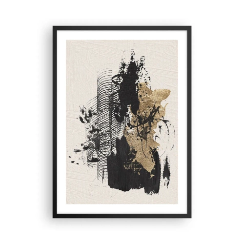 Pôster com moldura preta - Composição abstrata em tons de preto e dourado - 50x70cm - Composição com paixão - Decoração de parede moderna para a sala de estar e quarto ARTTOR