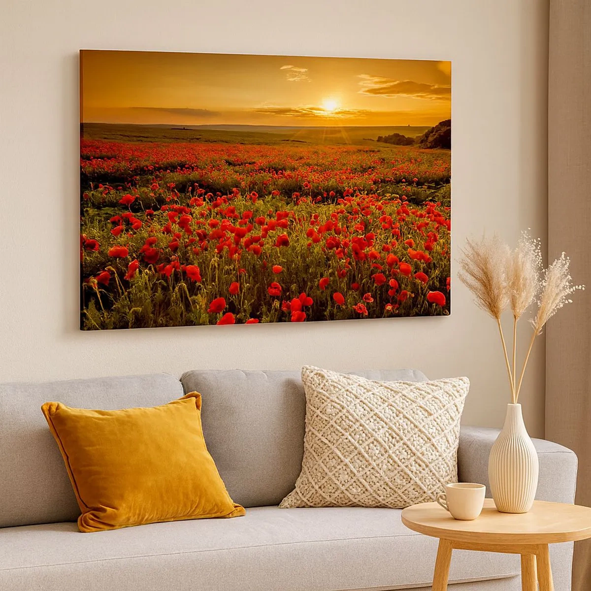 Quadro em tela - Um campo de papoulas vermelhas sob o brilho do pôr do sol - 70x50cm - Entre o farfalhar da onda de prados, entre o dilúvio das flores - Decoração de parede moderna para a sala de estar e quarto ARTTOR