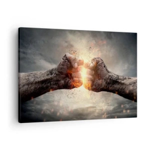 Quadro em tela - Punhos cerrados em uma cena dinâmica de incêndio - 70x50cm - Prepare-se para a luta - Decoração de parede moderna para a sala de estar e quarto ARTTOR