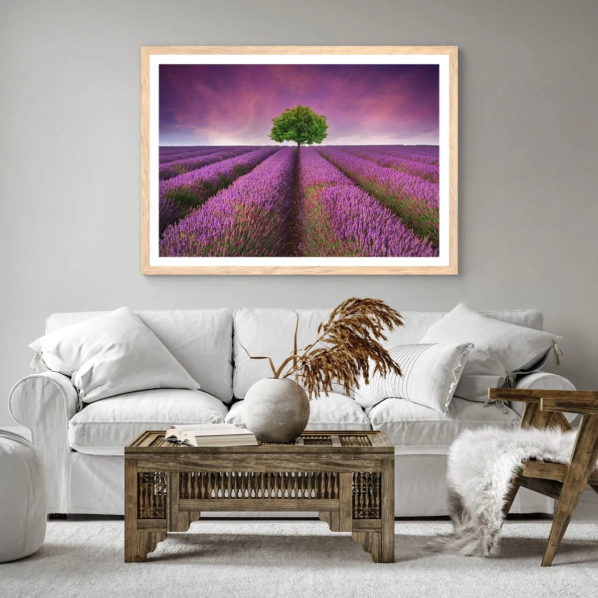 Pôster com moldura de carvalho claro - Nos campos de lavanda - 50x40 cm