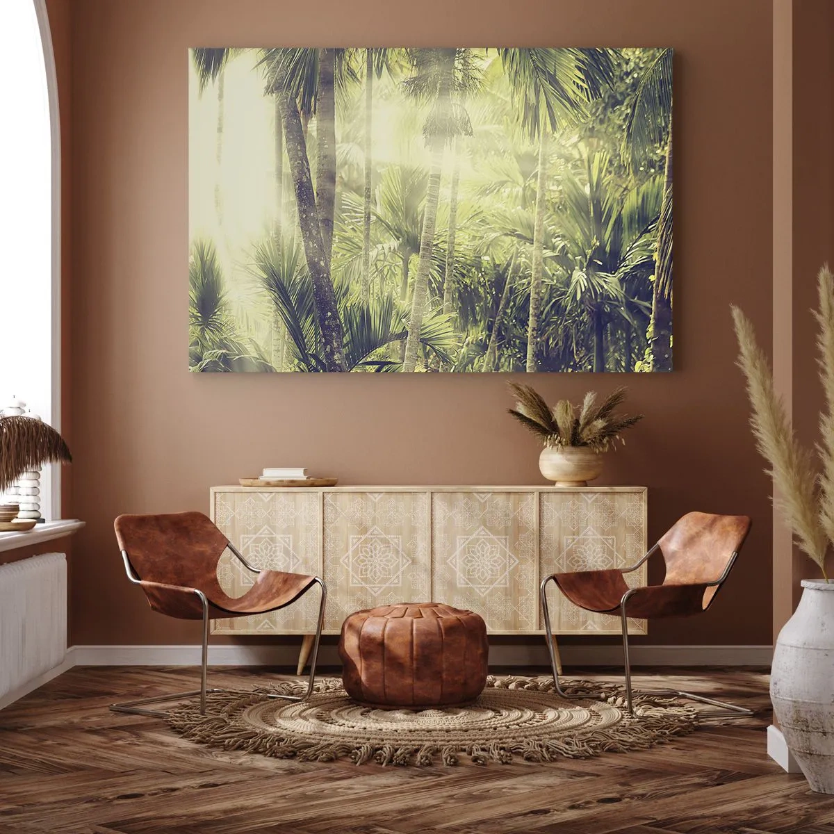 Quadro em tela - Raios de sol em uma floresta tropical de palmeiras - 70x50cm - No calor verde - Decoração de parede moderna para a sala de estar e quarto ARTTOR