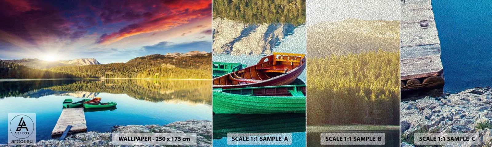 Amostra de papel de parede Premium Sand - Sobre a água tão lisa como um espelho - Paisagem, Montanhas, Floresta - 100x30 cm