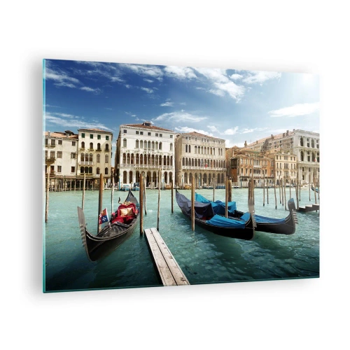 Quadro em vidro - Gôndolas em um canal em Veneza em um dia ensolarado - 70x50cm - Palácios em azul - Decoração de parede moderna para a sala de estar e quarto ARTTOR