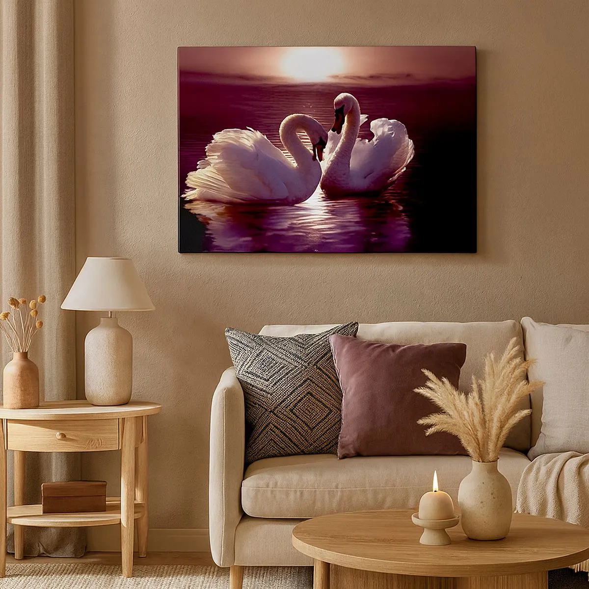 Quadro em tela - Dois cisnes em um lago calmo ao pôr do sol - 70x50cm - Até que a morte nos separe - Decoração de parede moderna para a sala de estar e quarto ARTTOR