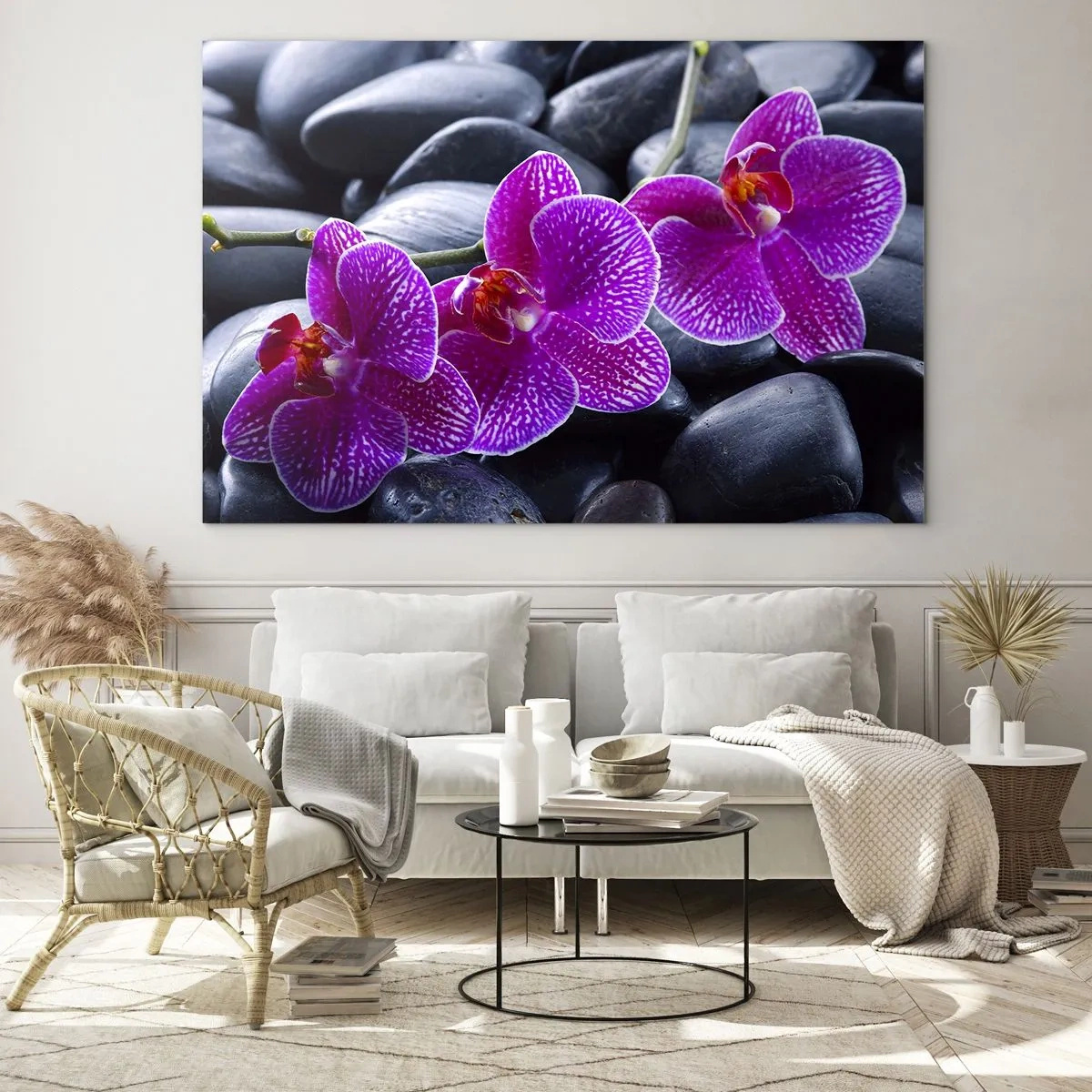 Quadro em vidro - Orquídeas roxas contra um fundo de pedras lisas - 70x50cm - As pedras de iluminaram de deleite - Decoração de parede moderna para a sala de estar e quarto ARTTOR