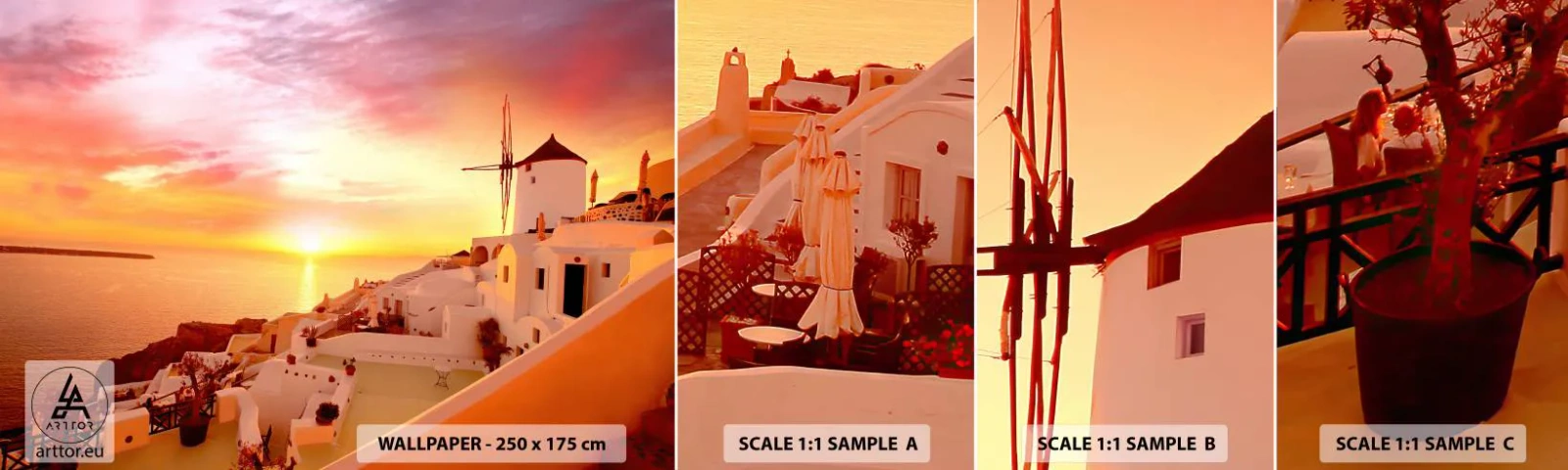 Amostra de Papel de Parede Standard Eco - Derreter em branco e ouro - Paisagem, Santorini, Grécia - 100x30 cm