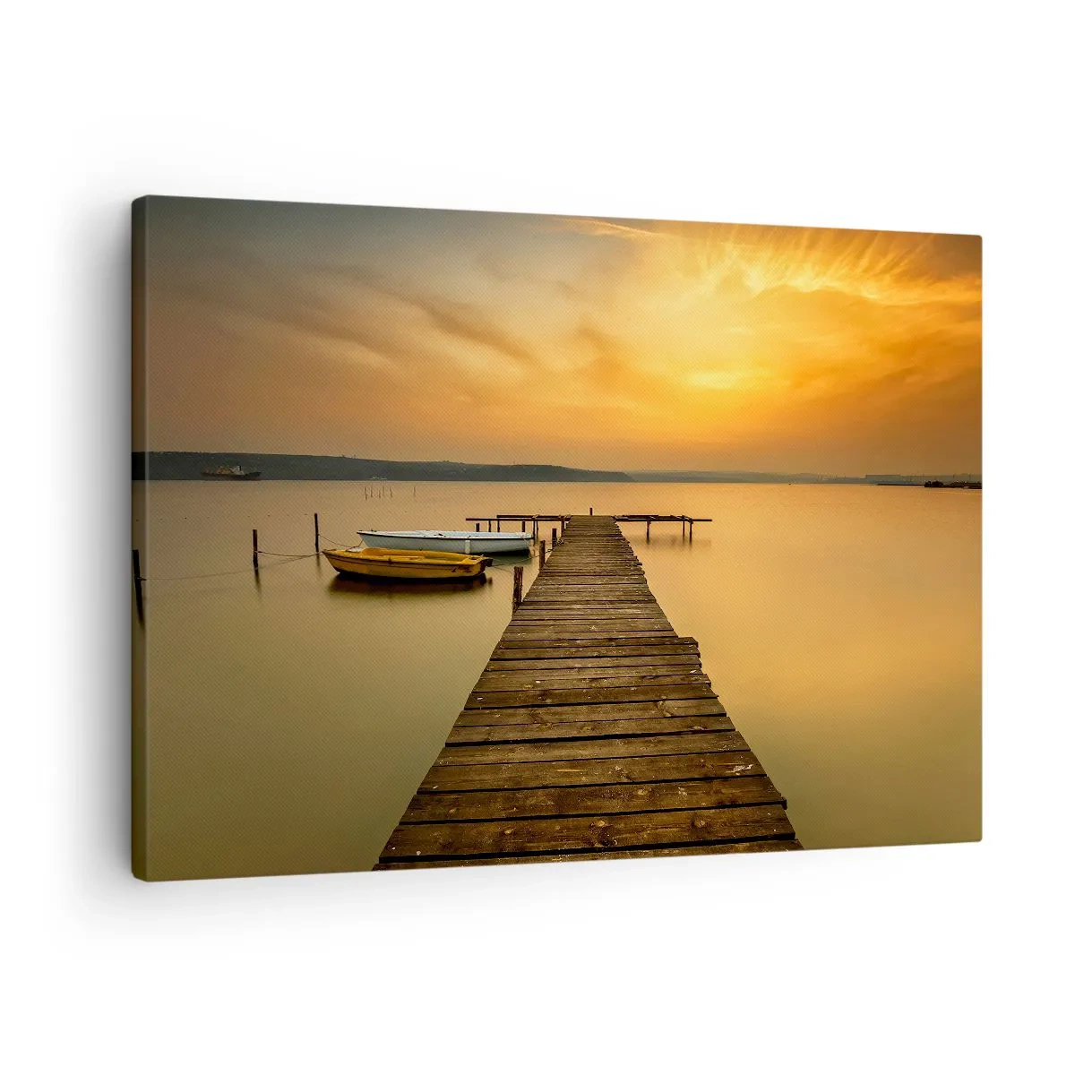 Quadro em tela - Cais de madeira e barcos no lago ao pôr do sol - 70x50cm - Abrirei o céu dourado para vós - Decoração de parede moderna para a sala de estar e quarto ARTTOR