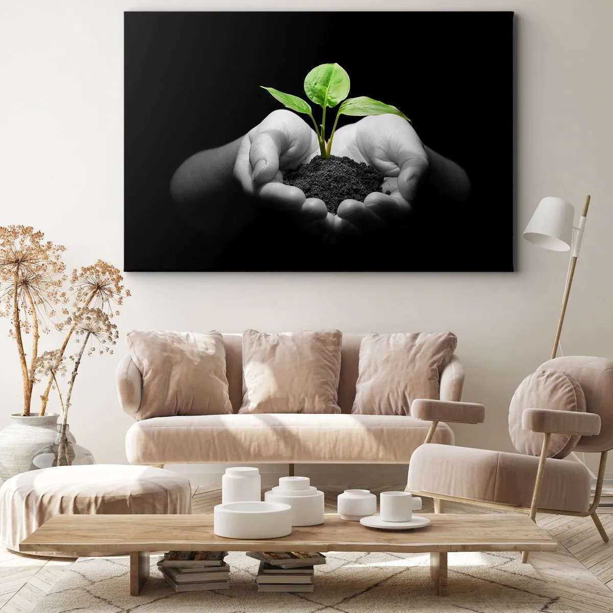 Quadro em tela - Mãos segurando uma planta verde em um fundo preto - 70x50cm - Eu amo a natureza, eu a protejo - Decoração de parede moderna para a sala de estar e quarto ARTTOR