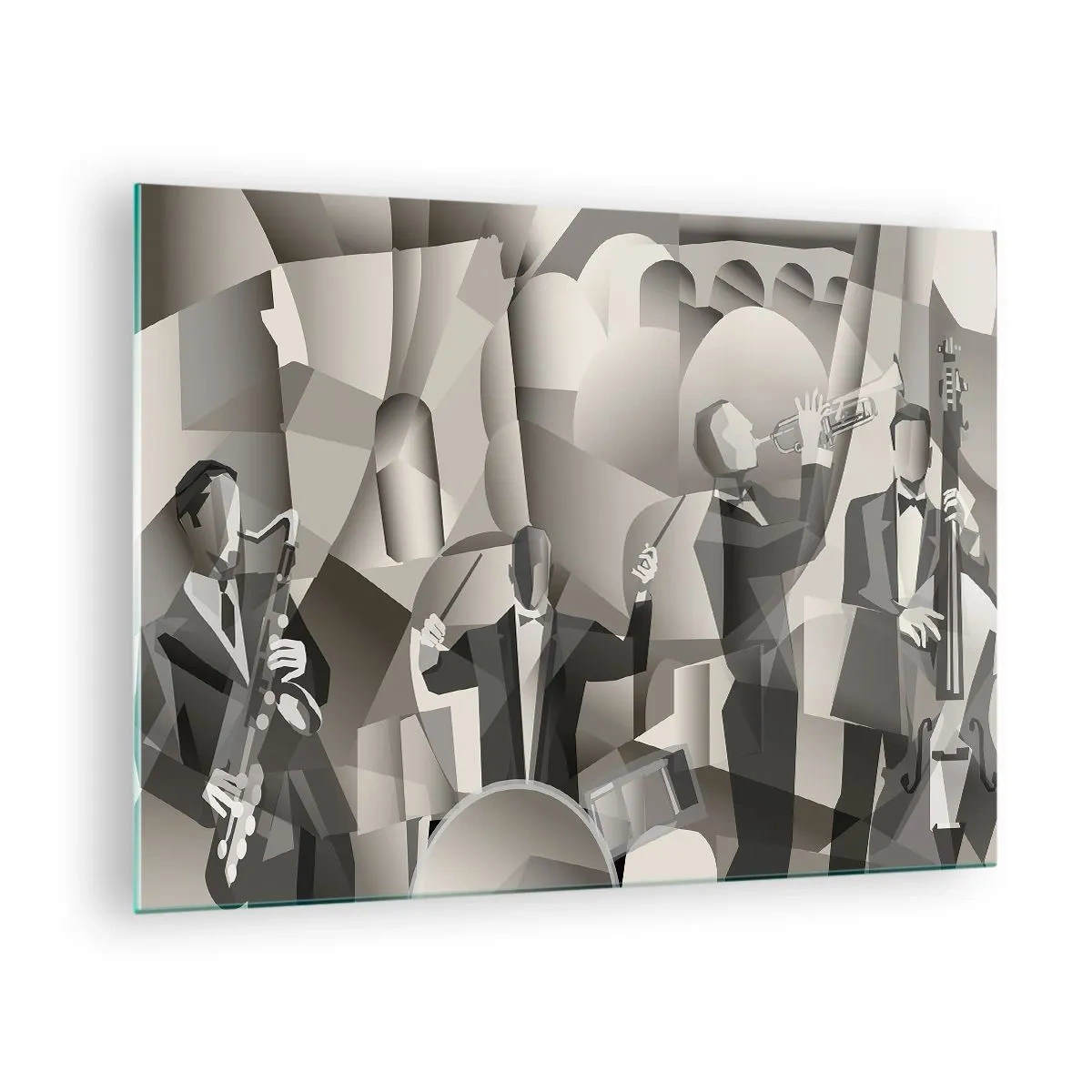 Quadro em vidro - Palco de banda de jazz estilizado em tons monocromáticos - 70x50cm - No espaço dos sons - Decoração de parede moderna para a sala de estar e quarto ARTTOR