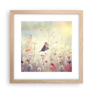 Pôster com moldura de carvalho claro - Retrato de um pássaro com um prado no fundo - 30x30 cm
