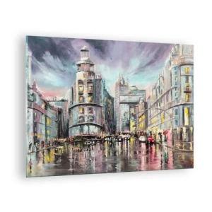 Quadro em vidro - Uma rua da cidade na chuva com um reflexo espetacular das luzes - 70x50cm - Será uma noite de sucesso - Decoração de parede moderna para a sala de estar e quarto ARTTOR