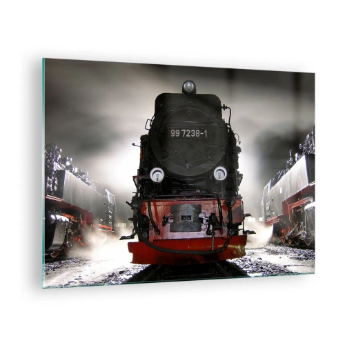 Quadro em vidro - Uma locomotiva a vapor cercada por vapor e luz - 70x50cm - Fica de pé e ofega, arfa e assopra - Decoração de parede moderna para a sala de estar e quarto ARTTOR