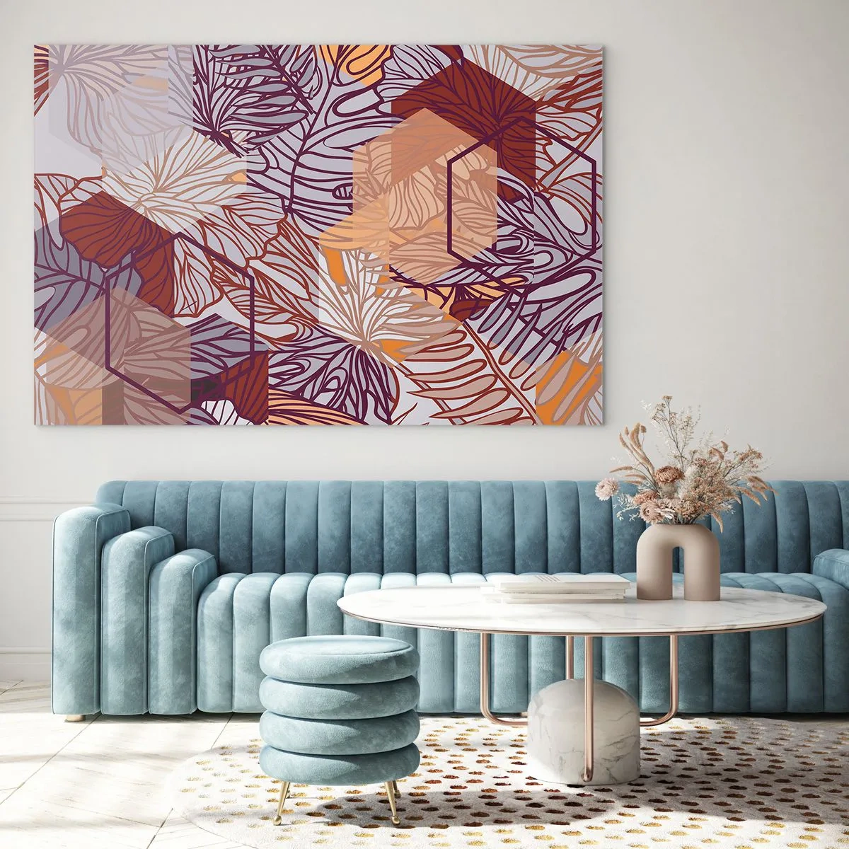 Quadro em vidro - Folhas gráficas sobre um fundo de formas geométricas - 70x50cm - A impossível relação entre a geometria e a natureza - Decoração de parede moderna para a sala de estar e quarto ARTTOR