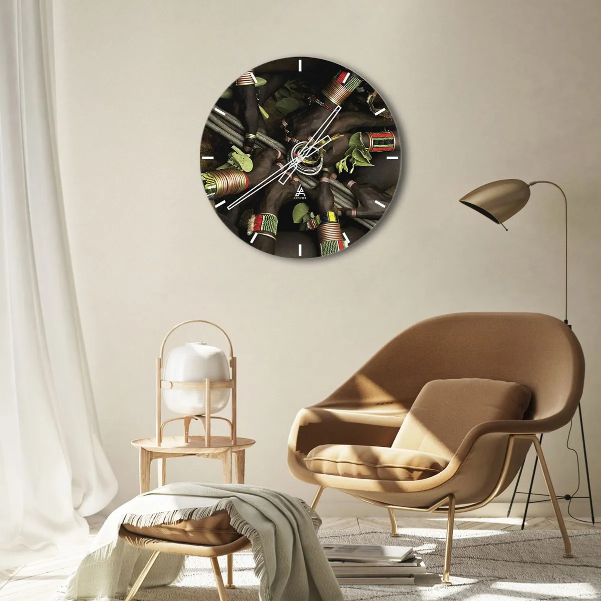 Relógio de parede - Relógio em vidro - Pulseiras e símbolos tribais tradicionais - 30x30cm - Estamos juntos - Decoração de parede moderna para a sala de estar, cozinha e quarto ARTTOR