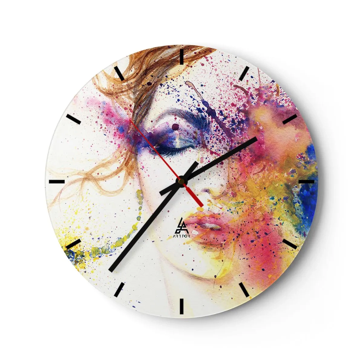 Relógio de parede - Relógio em vidro - Retrato abstrato de uma mulher nas cores do arco-íris - 30x30cm - Vertigem arco-íris - Decoração de parede moderna para a sala de estar, cozinha e quarto ARTTOR