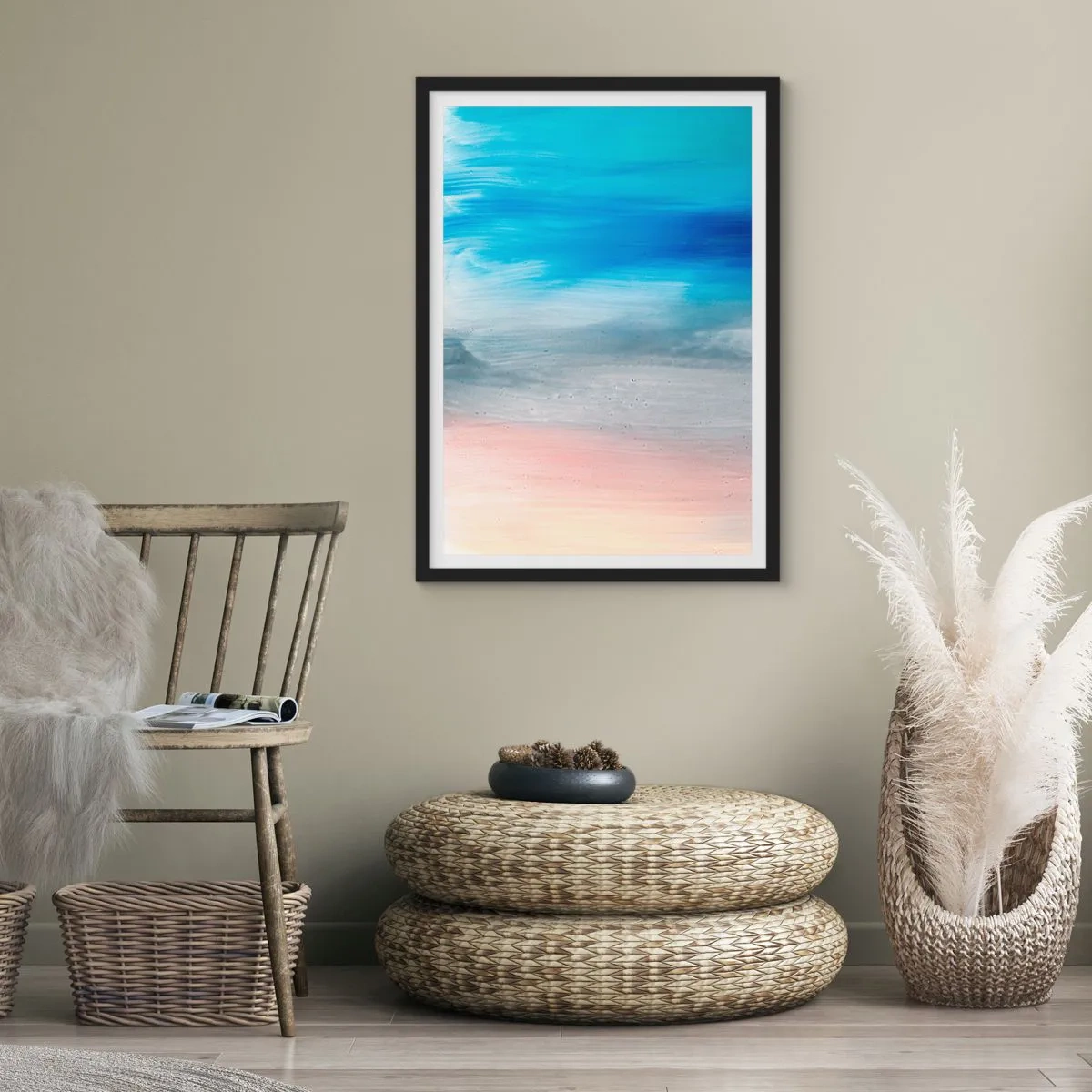 Pôster com moldura preta - Uma composição abstrata em tons de azul, cinza e bege. - 50x70cm - Elementos: ar - Decoração de parede moderna para a sala de estar e quarto ARTTOR