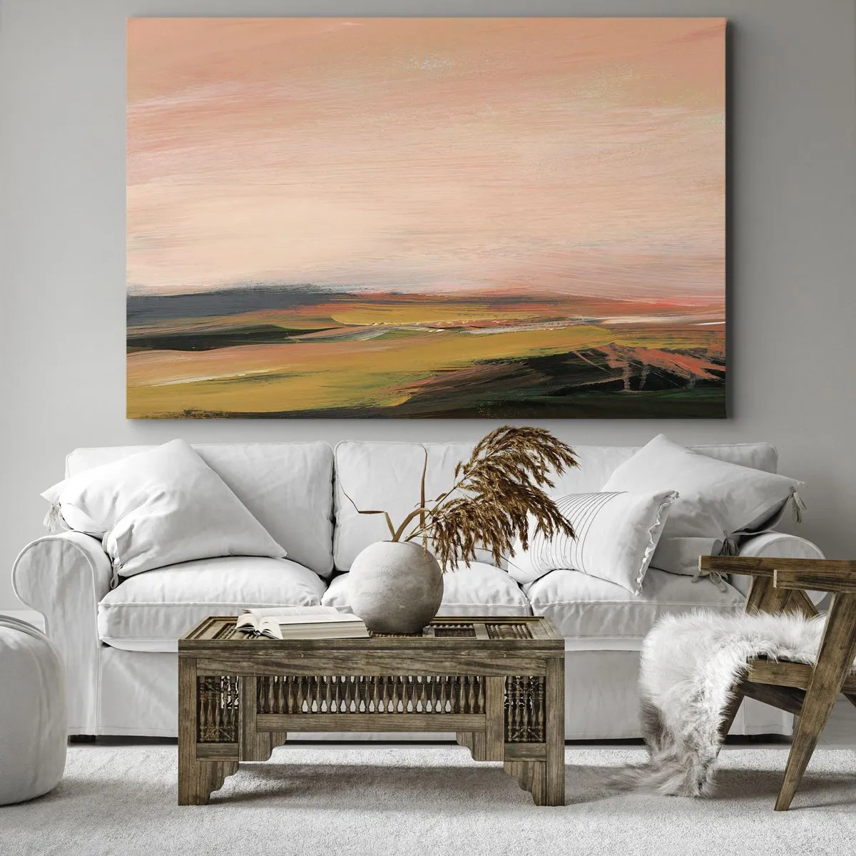 Quadro em tela - Uma paisagem em tons de rosa e dourado - 70x50cm - Em tons rosa - Decoração de parede moderna para a sala de estar e quarto ARTTOR