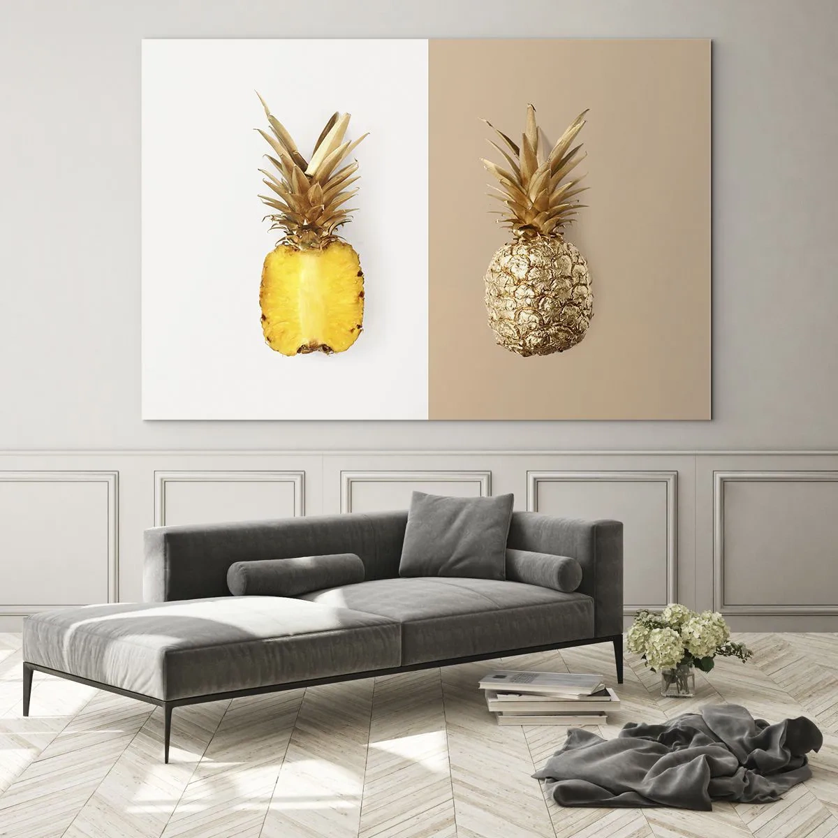 Quadro em vidro - Um abacaxi fatiado e dourado em dois fundos contrastantes - 70x50cm - Ananás para nós - Decoração de parede moderna para a sala de estar e quarto ARTTOR