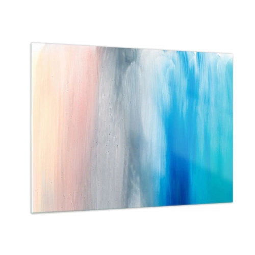 Quadro em vidro - Listras verticais de cores pastel e azul em um estilo abstrato. - 70x50cm - Elementos: ar - Decoração de parede moderna para a sala de estar e quarto ARTTOR