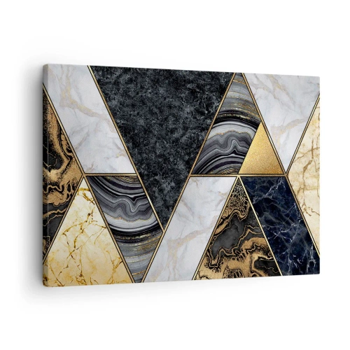 Quadro em tela - Triângulos geométricos em dourado, mármore e tons escuros - 70x50cm - Pedra por pedra - Decoração de parede moderna para a sala de estar e quarto ARTTOR
