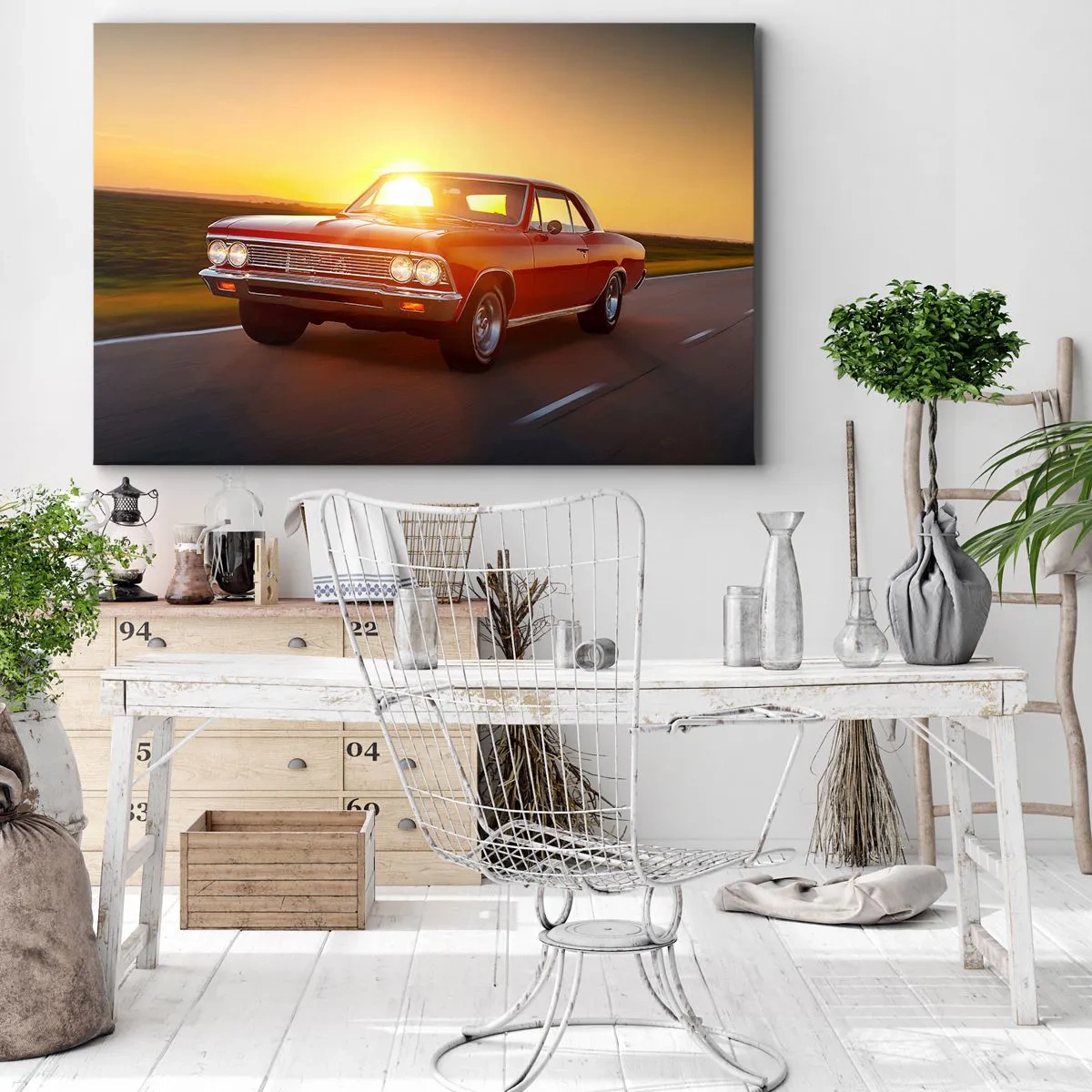 Quadro em tela - Um carro vermelho no pôr do sol em uma estrada aberta - 70x50cm - O desejo é vermelho - Decoração de parede moderna para a sala de estar e quarto ARTTOR