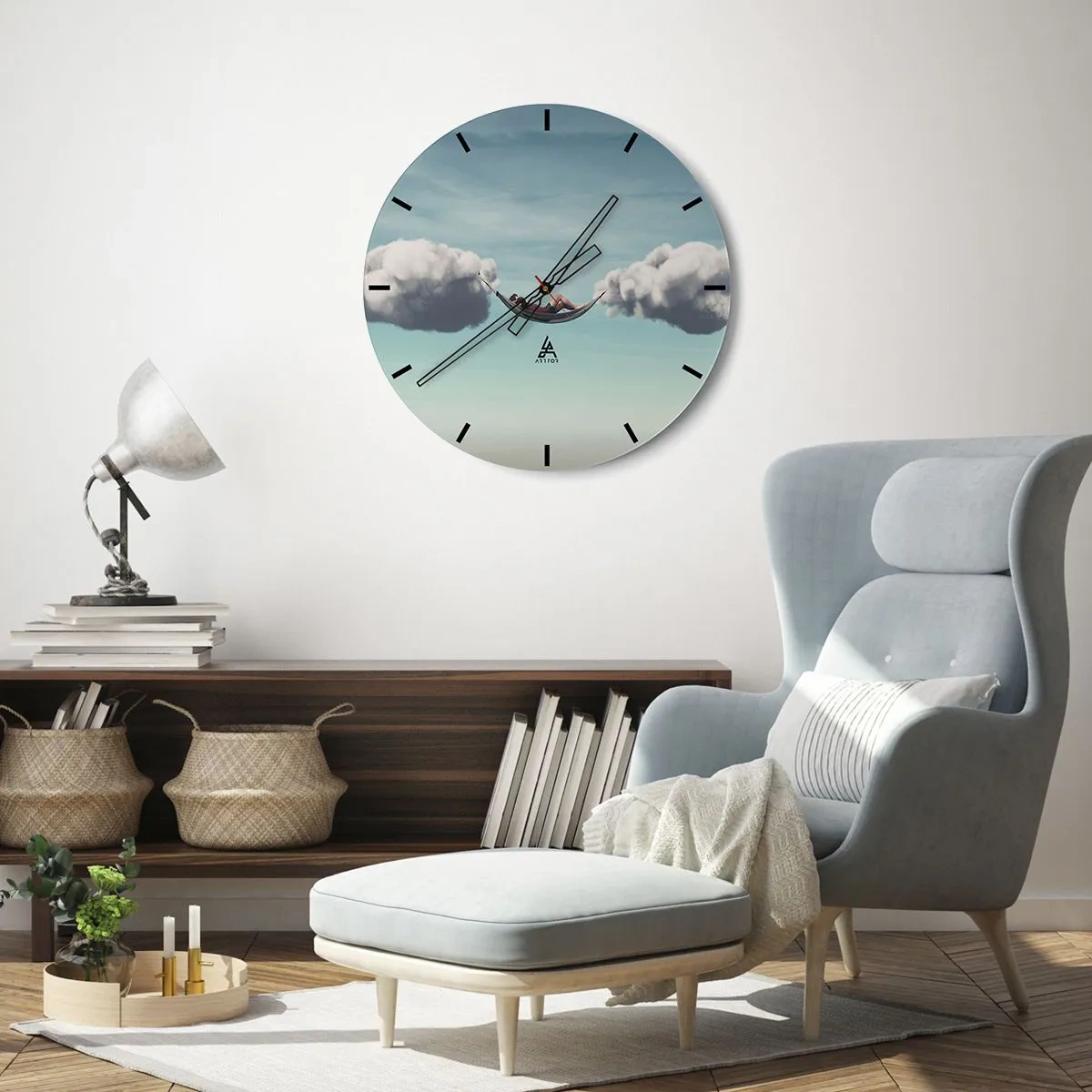 Relógio de parede - Relógio em vidro - Uma rede suspensa nas nuvens - 30x30cm - A felicidade do momento - Decoração de parede moderna para a sala de estar, cozinha e quarto ARTTOR