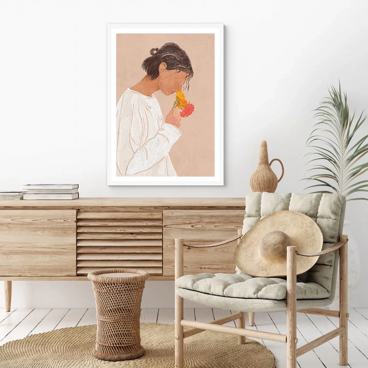 Pôster em moldura branca - Menina e flores - 61x91 cm