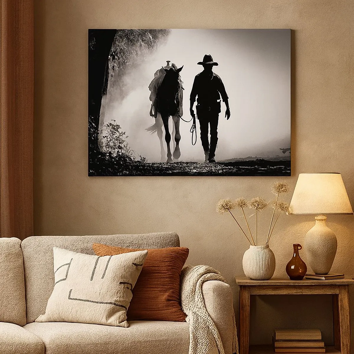 Quadro em tela - Cowboy com cavalo na neblina da manhã - 70x50cm - Manhã no Texas - Decoração de parede moderna para a sala de estar e quarto ARTTOR