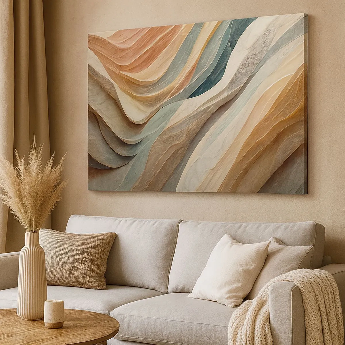 Quadro em tela - Ondas abstratas em tons pastéis - 70x50cm - O momento antes da mudança - Decoração de parede moderna para a sala de estar e quarto ARTTOR
