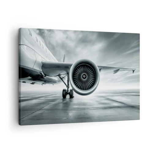 Quadro em tela - O motor a jato de um avião na pista - 70x50cm - Há poder! - Decoração de parede moderna para a sala de estar e quarto ARTTOR